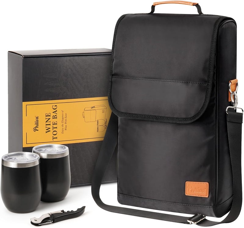Philiva 3 Bottle Wine Tote Bag with Tumblers and Opener, Portable Wine Carrier Purse for Travel/Picnic/Beach/Pool/Events/Hiking, Black - Image 1